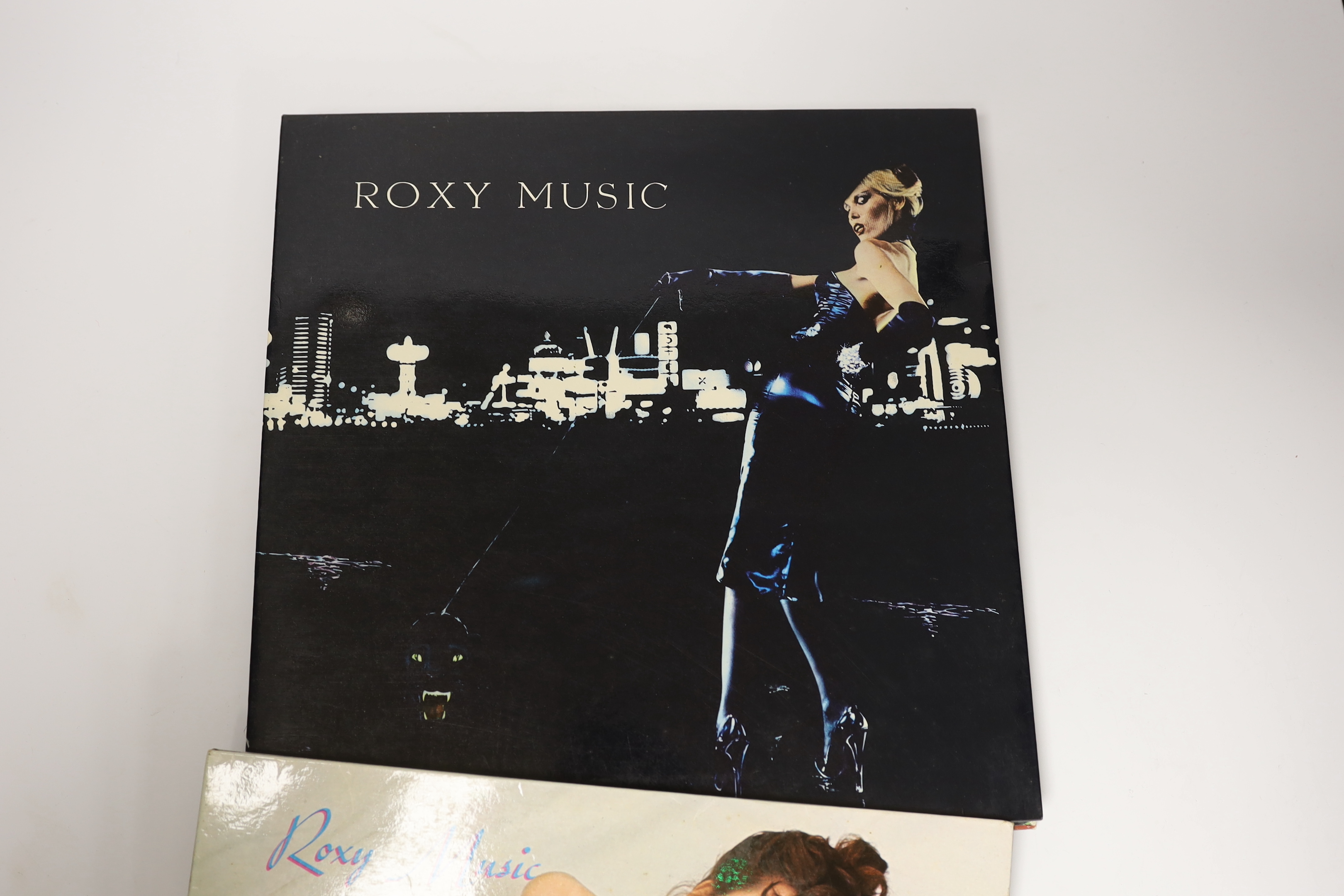 Six Roxy Music LP record albums; Roxy Music, For Your Pleasure, Stranded, Country Life, Manifesto, and Avalon